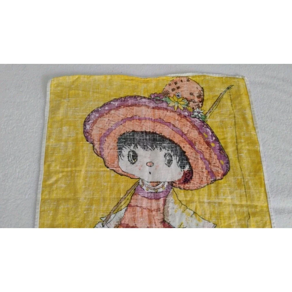 Vtg 70s Linen Tea Towel Boho Big Eyed Girl Going Fishing Yellow Orange Green